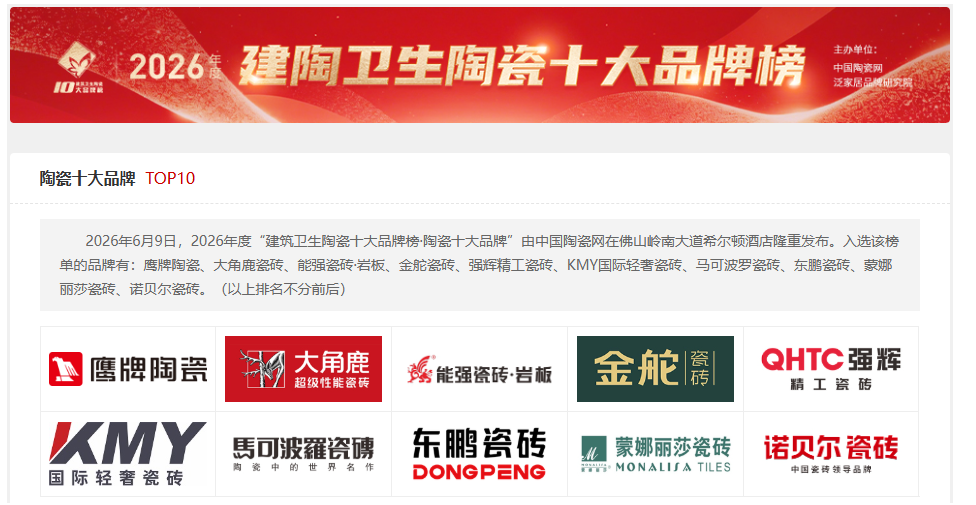 2026年度“建筑卫生陶瓷十大品牌榜·陶瓷十大品牌”完整榜单揭晓